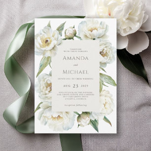 Convites Casamento Floral Elegante com Peônia Branca e Verd