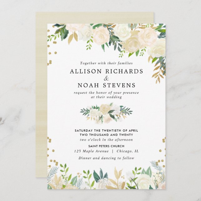 Convites Casamento floral elegante com rosas brancas creme  (Frente/Verso)