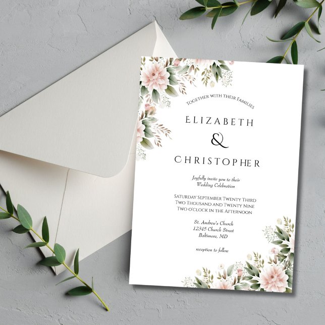 Convites Casamento Floral Elegante com Verde e Rosa Encanta (Blush pink and greenery watercolor floral wedding invitation)