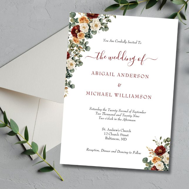 Convites Casamento Floral Elegante Creme Ferrugem Borgonha (Burgundy Rust Cream Floral Elegant Wedding Invitation)