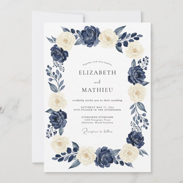 Convites Casamento Floral Elegante Creme Marinho (Frente)