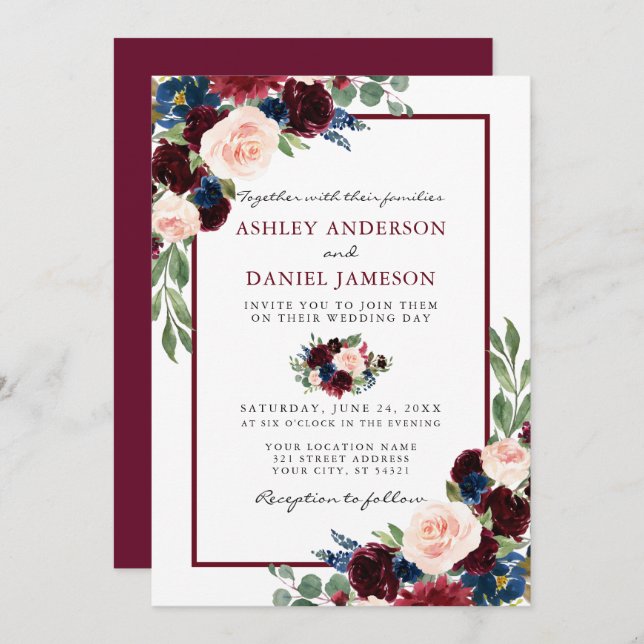 Convites Casamento Floral Elegante De Burgundy (Frente/Verso)
