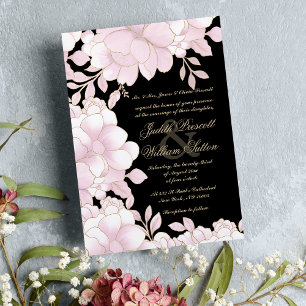 Convites Casamento floral elegante de folha de ouro preto-r