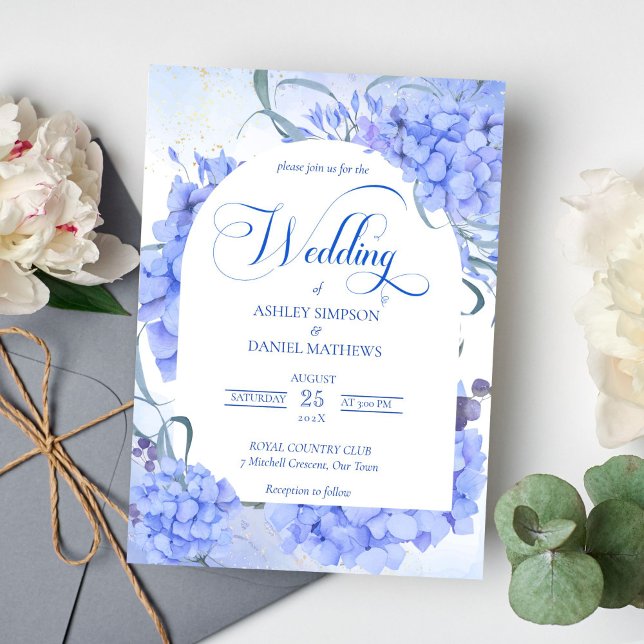 Convites Casamento floral elegante de hydrangeas azuis (Blue hydrangea floral arch calligraphy script wedding invitation)