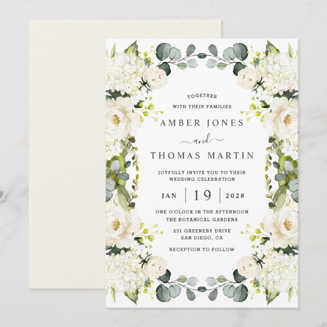 Convites Casamento Floral Elegante de Marfim Branco  (Frente/Verso)