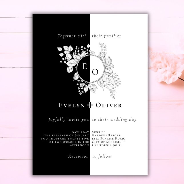 Convites Casamento Floral Elegante de Nado Branco Negro (Criador carregado)