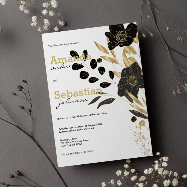 Convites Casamento floral elegante de ouro branco preto (Black white gold floral elegant floral wedding )