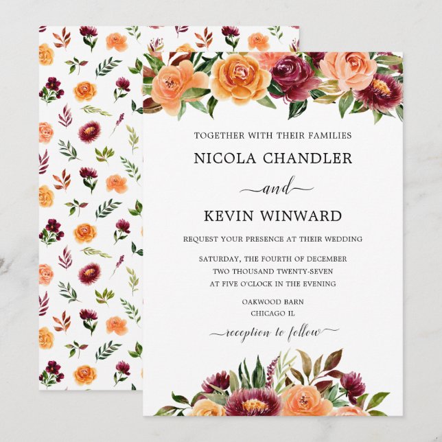 Convites Casamento Floral Elegante de Outono (Frente/Verso)