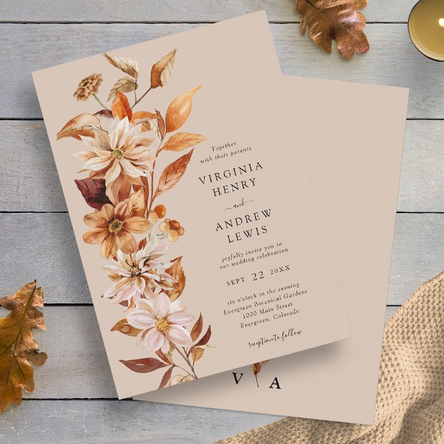 Convites Casamento Floral Elegante de Outono (Elegant Fall Leaves Floral Wedding Invitation Monogrammed by Painted Paperie
)