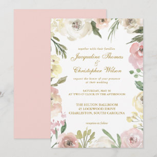 Convites Casamento Floral Elegante de Primavera Rosa Bege D