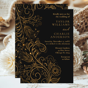 Convites Casamento Floral Elegante Dourado e Negro