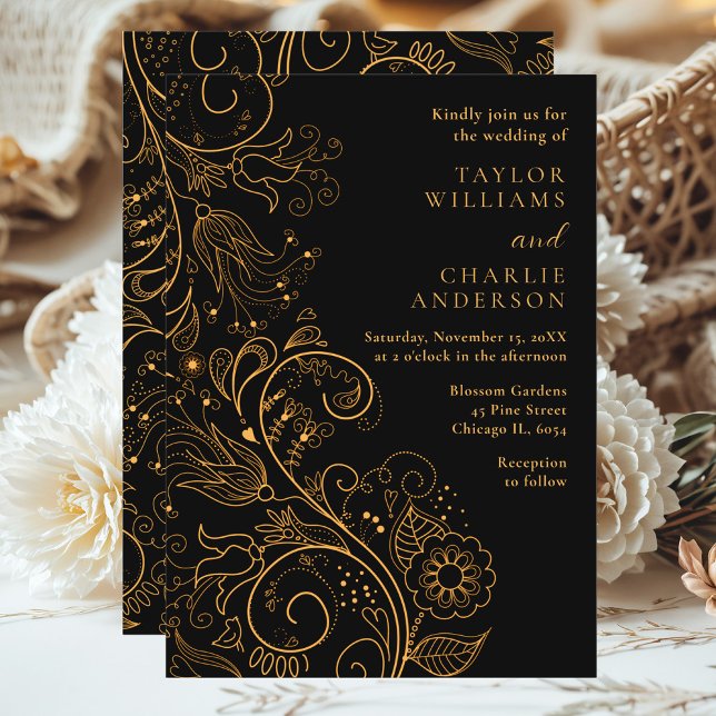 Convites Casamento Floral Elegante Dourado e Negro (Criador carregado)