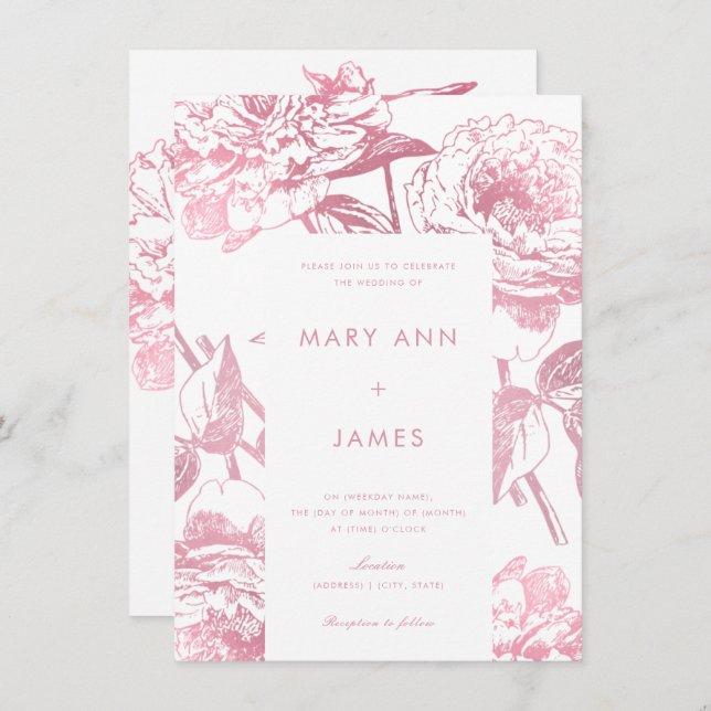 Convites Casamento Floral Elegante Dourado e Simples Rosa (Frente/Verso)