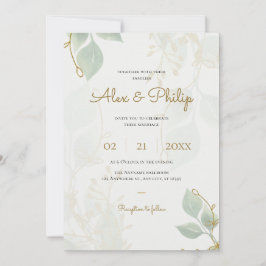 Convites Casamento Floral Elegante Dourado e Verde-de-Ivory