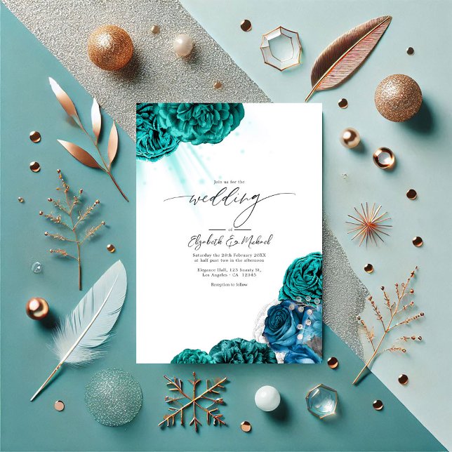 Convites Casamento Floral Elegante e Prata (Elegant Teal and Silver Floral Wedding Invitation)