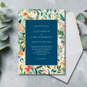 Convites Casamento Floral Elegante em Aquarela Azul Pêssego