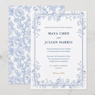 Convites Casamento Floral Elegante em Azul e Branco Chinois