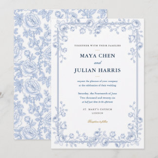 Convites Casamento Floral Elegante em Azul e Branco Chinois