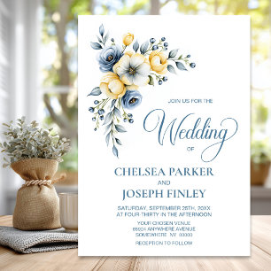 Convites Casamento Floral Elegante em Azul Poeirento e Amar