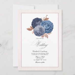 Convites Casamento Floral Elegante em Azul Poeirento e Dour