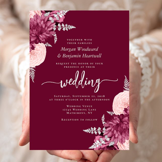 Convites Casamento Floral Elegante em Burgundy e Prata (Criador carregado)