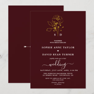 Convites Casamento Floral Elegante em Burgundy Escuro Doura