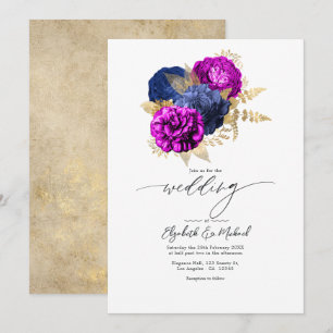 Convites Casamento Floral Elegante em Magenta, Azul Marinho