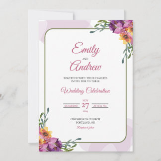 Convites Casamento Floral Elegante em Roxo e Amarelo em Aqu