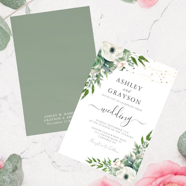 Convites Casamento Floral Elegante em Verde Sálvia (Criador carregado)