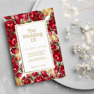 Convites Casamento floral elegante em vermelho dourado e ve