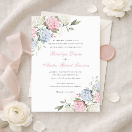 Convites Casamento Floral Elegante Hortênsia Rosa e Azul
