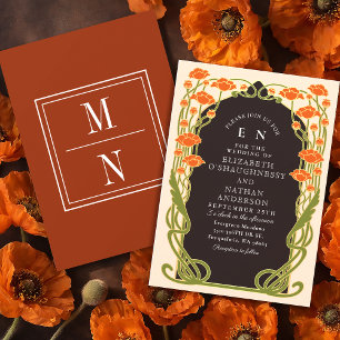 Convites Casamento Floral Elegante Laranja Art Nouveau