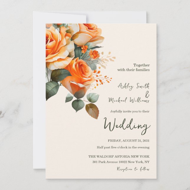 Convites Casamento Floral Elegante Laranja e Sage Watercolo (Frente)