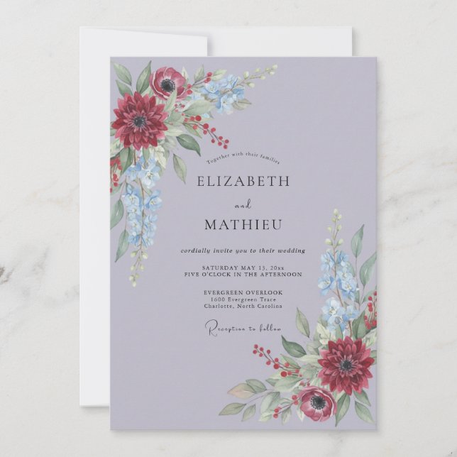 Convites Casamento Floral Elegante Lavanda Carmesim (Frente)