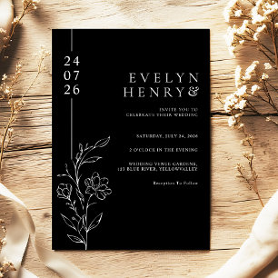 Convites Casamento Floral Elegante Linha Preta Esbelta