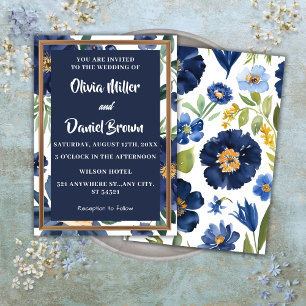 Convites Casamento Floral Elegante marinho Azul e Branco
