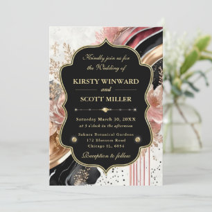 Convites Casamento Floral Elegante Mármore Dourado Rosa