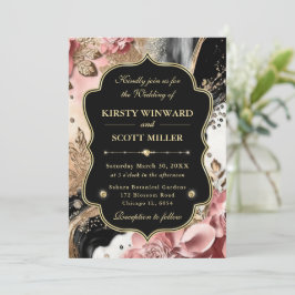 Convites Casamento Floral Elegante Mármore Dourado Rosa