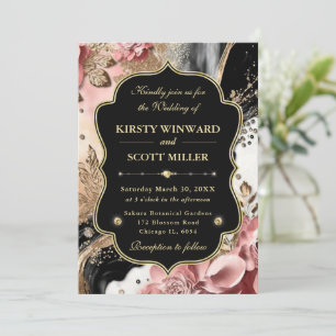 Convites Casamento Floral Elegante Mármore Dourado Rosa