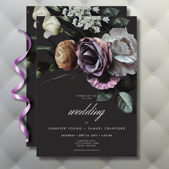 Convites Casamento Floral Elegante Moody Twilight Muted (Elegant Moody Twilight Muted Floral Wedding Invitation)
