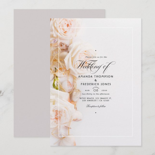 Convites Casamento Floral Elegante na Praia (Frente/Verso)
