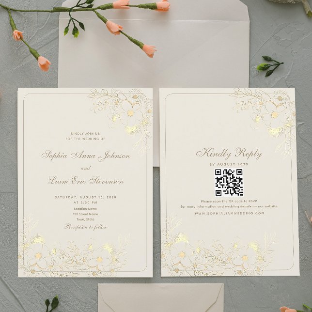 Convites Casamento Floral Elegante Neutro Dourado (Criador carregado)