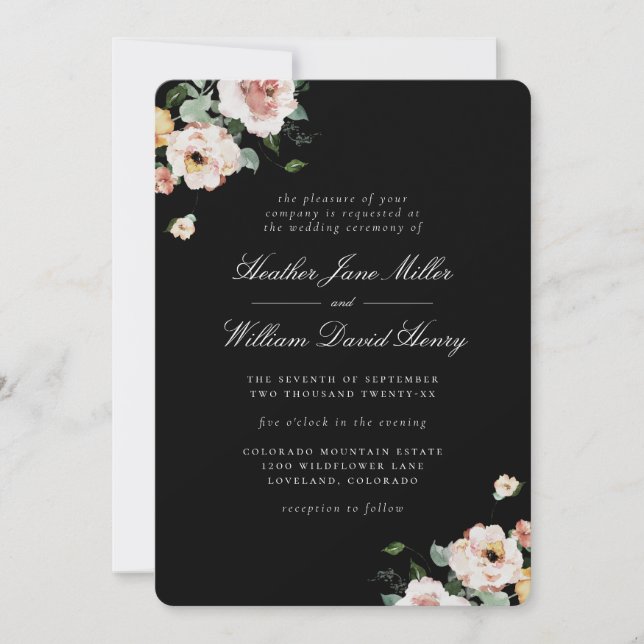 Convites Casamento Floral Elegante Preto (Frente)