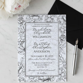 Convites Casamento Floral Elegante Preto e Branco Desenhado