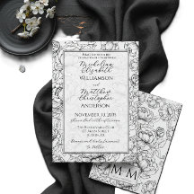 Casamento Floral Elegante Preto e Branco Desenhado