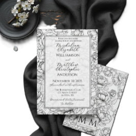 Convites Casamento Floral Elegante Preto e Branco Desenhado