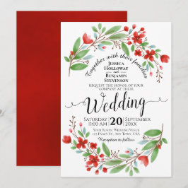 Convites Casamento Floral Elegante Red & Green Watercolor