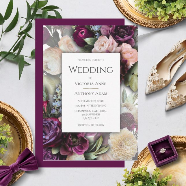 Convites Casamento Floral Elegante Rosa Burgundy (Criador carregado)