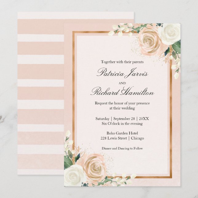 Convites Casamento Floral Elegante Rosa Choque e Dourado Ro (Frente/Verso)