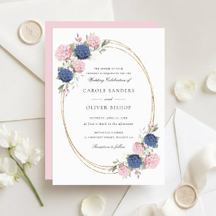 Convites Casamento Floral Elegante Rosa e Azul Marinho Hydr